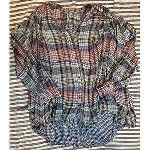 Free People Plaid Gauze Button Down Shirt Blue Red Yellow Oversized Tunic Top